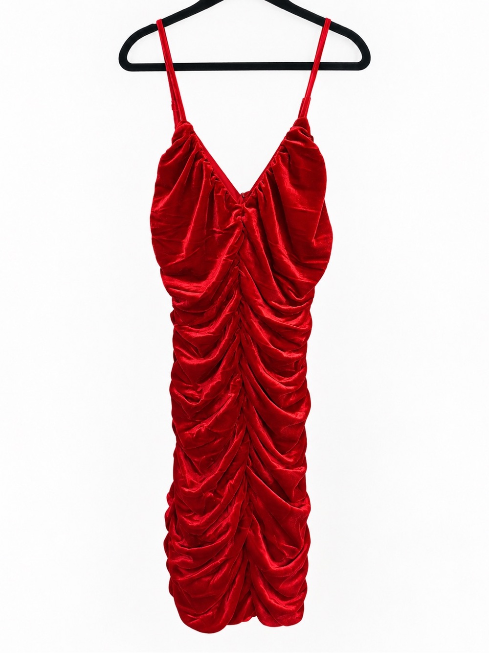 Lulu's Vibrant Red Ruched Velvet Midi Slip Dress